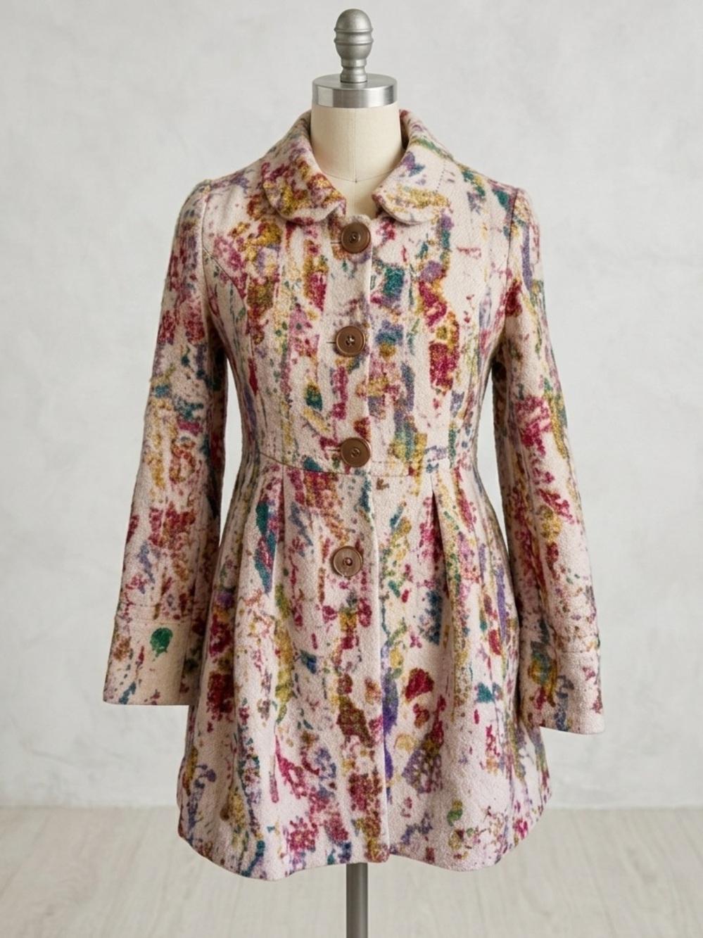 Anthropologie Elevenses Blurred Fresco 100% Wool Floral Fit Flare Coat Size 0